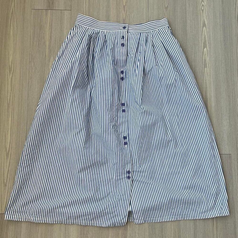 1980s white and blue striped midi skirt with button front detail Size 16